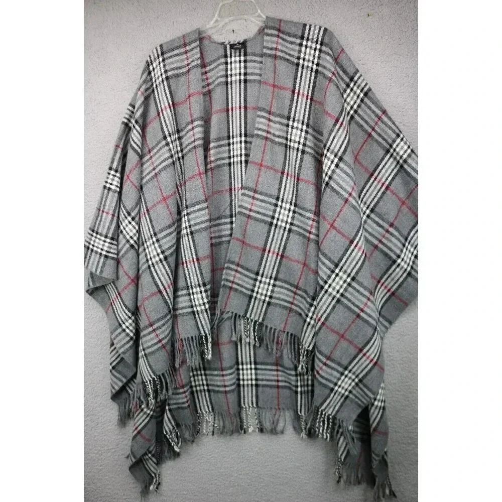 V. Fraas Women's Ruona Gray & Red Plaid Fringed Wrap-Poncho-One Size